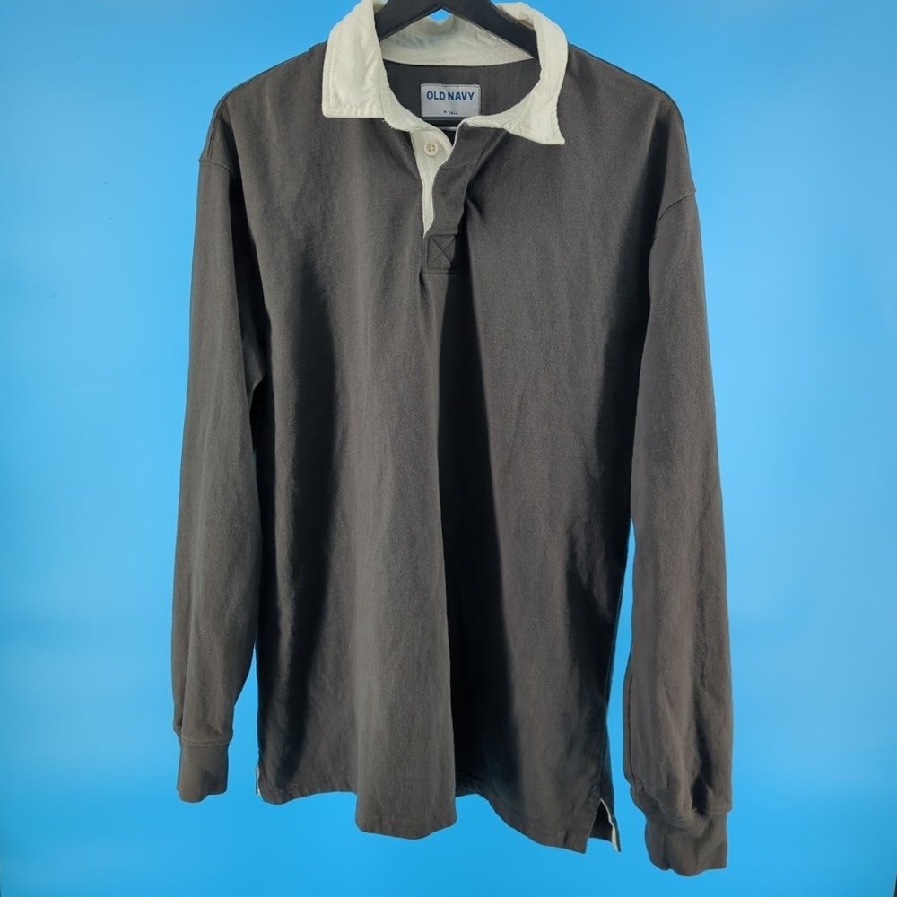 Old Navy Mens Gray Long Sleeve Rugby Shirt White Collar Medium Tall MT - Picture 2 of 11